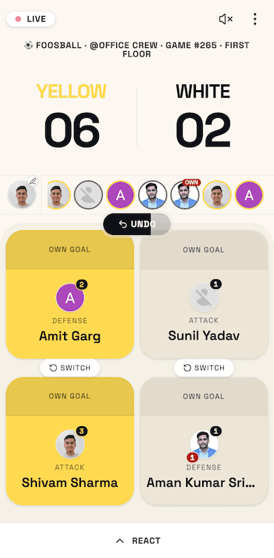 Scoring a live foosball game on Tashn: yellow leads white, with full-bleed tap-to-score halves.