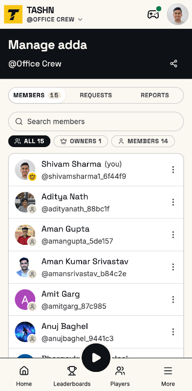 The Tashn manage-adda page: managing adda members and join requests.