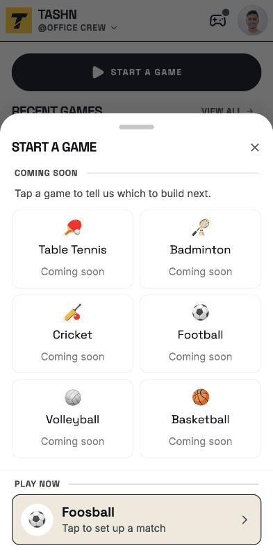 The Tashn game picker: foosball playable now, other games marked coming soon.