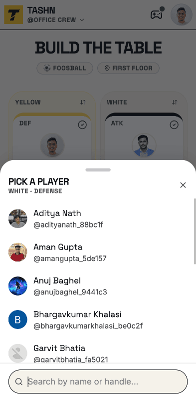 Building the table in Tashn: picking four players onto the yellow and white teams.